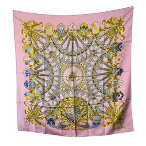 Hermes British Heraldry Coat Of Arms Pink Gold Blue 100% Silk Scarf 90cm Square
